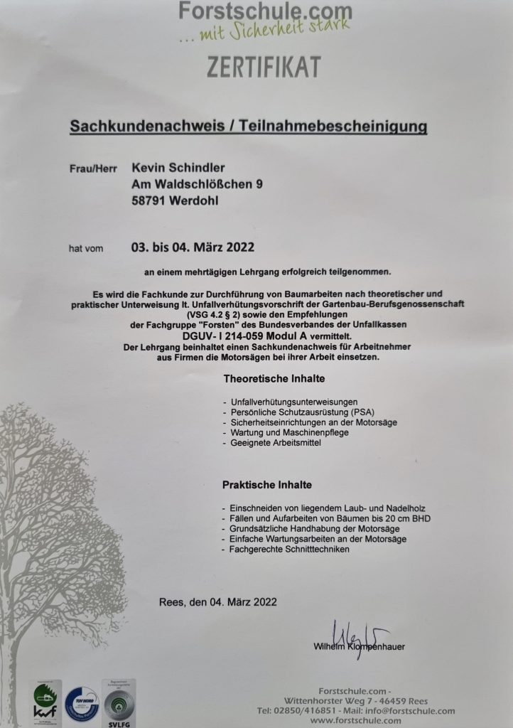 Zertifikat über abgeschlossenen Lehrgang